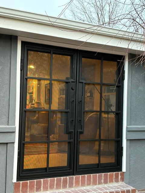 Black iron double French doors exterior